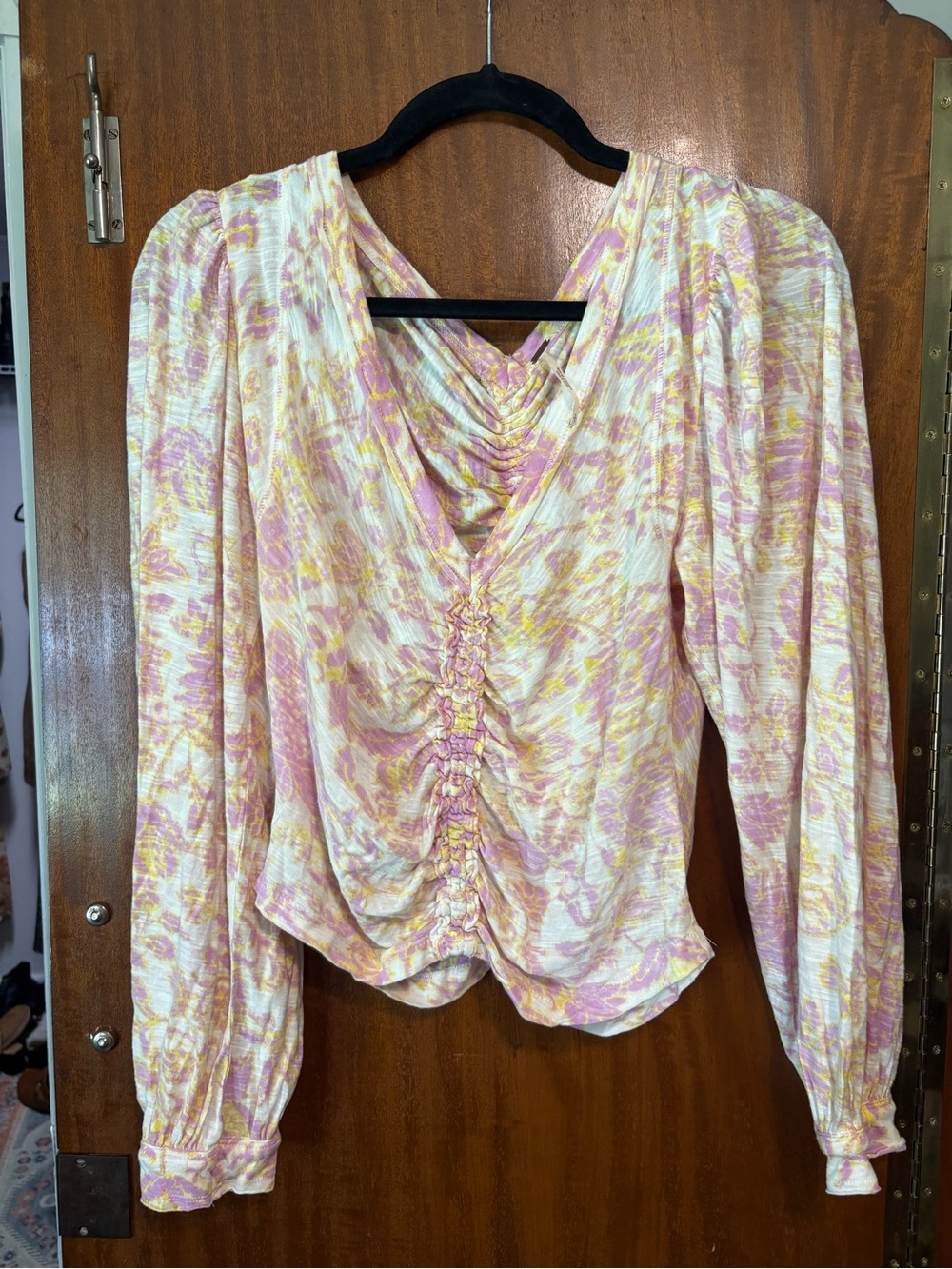 Free People Pink & Yellow Ruched V-Neck Blouse